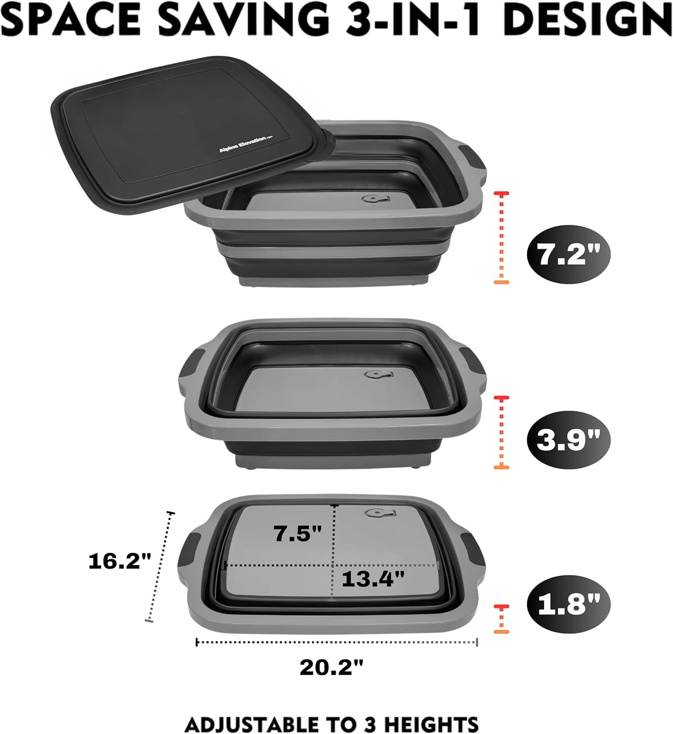 Collapsible X-Large (16L) BBQ Marinating Tub w/Cutting Board | Multipurpose Food-Grade TPE Prep Tub w/Lid | Built-In Colander & Drain Plug - For Camping | Tailgate | Picnic - Slate Black