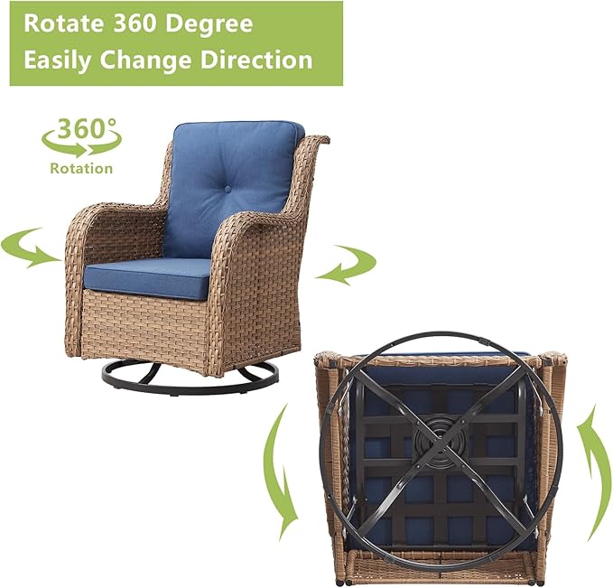 Outdoor Patio Swivel Rocker Chairs - 3 Piece Patio Bistro Set,Wicker Patio Furniture Set with 2 Swivel Rocking Chairs and 1 Glass Top Side Table for Deck Porch Garden,Yellow/Blue