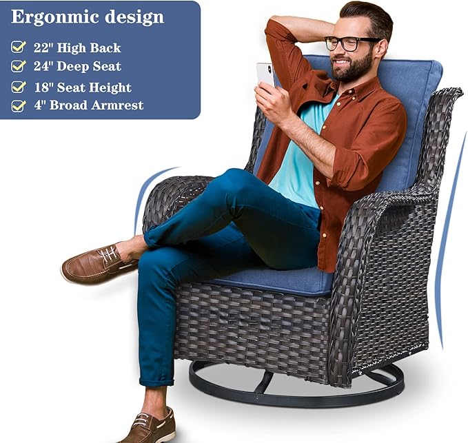 Outdoor Patio Furniture Set with 50000BTU Propane Fire Pit Table, 4 Pieces Wicker Patio Conversation Set with 2 Swivel Rocker Glider Chairs Rattan Sofa Blue Cushion Perfect for Gathering