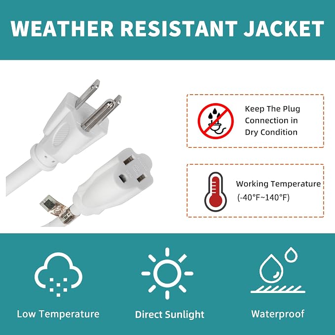 Indoor Outdoor Extension Cord Weatherproof, UL Certified, 16 Gauge 8FT White 3 - Image 7