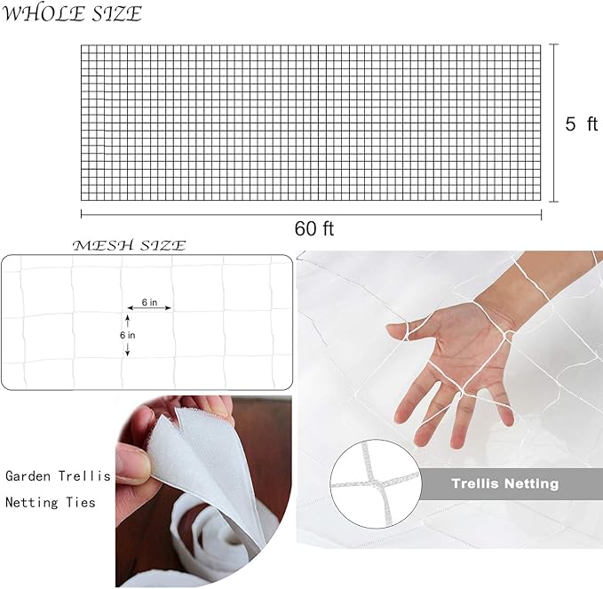All-Weather Trellis Netting Mesh Plant Garden Vine Growing Flexible String Net (6" Mesh ployester, 5' Wx 60'L)