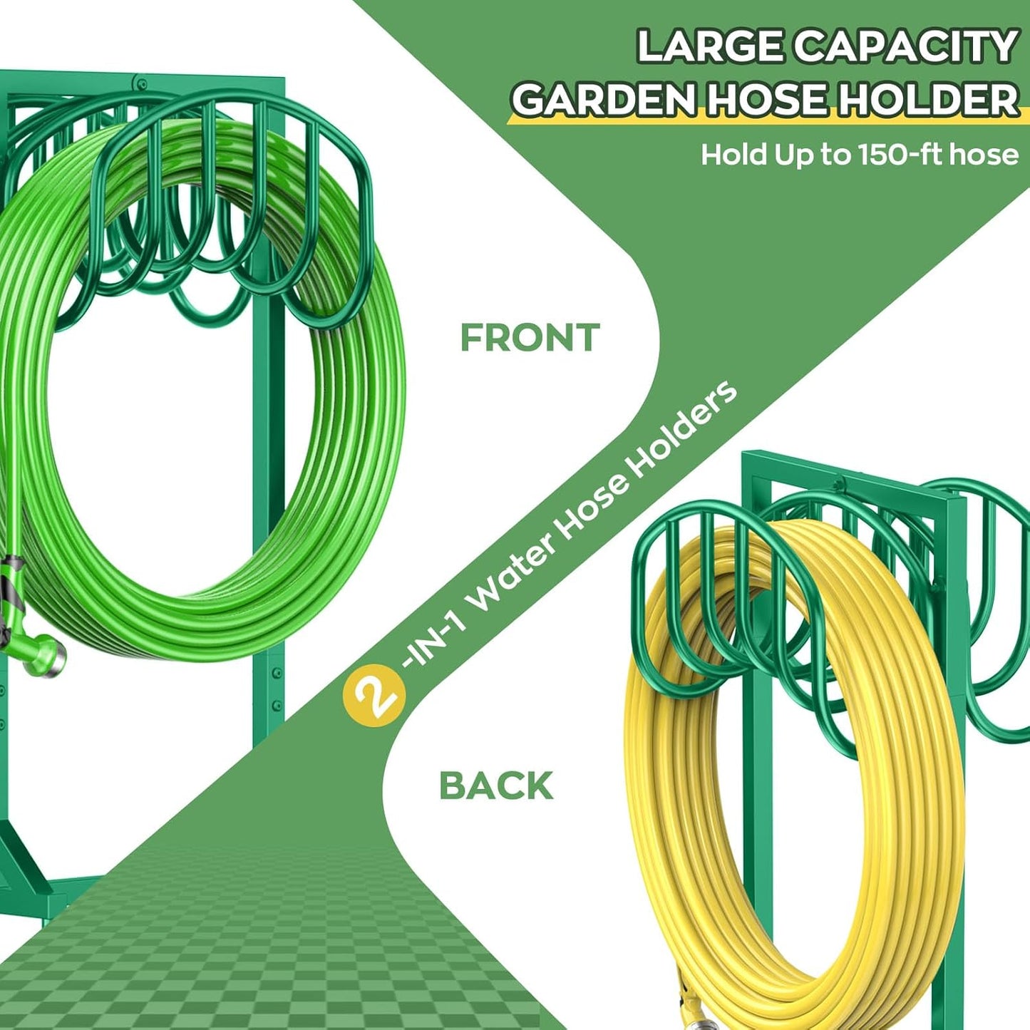 Garden Water Hose Holder Holds 2 * 150Ft Hoses, Heavy-Duty Metal Freestanding Hose Holder with 4 Spikes, Rustproof Garden Hose Hanger Storage for Outside, Yard, Lawn