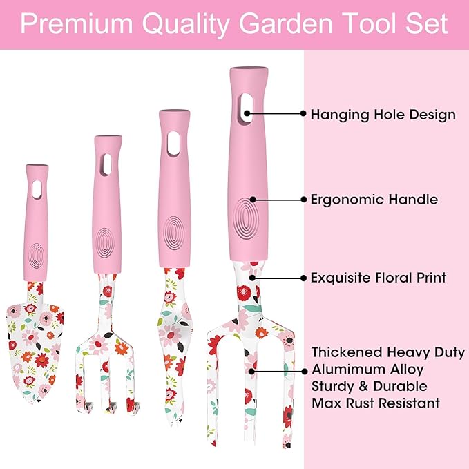 Gardening Gifts for Women, MQJIAZHI Gardening Tools for Women, Garden Tool Set, Floral Gardening Hand Tools with Garden Tools Bag, Heavy Duty Gardening Kit Women Gifts for Mom, Girlfriend (Pink)