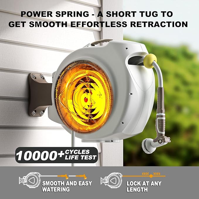 Retractable Garden Hose Reel, 5/8 in 65+6 ft, Heavy Duty Wall Mounted Water Hose Reel, Spring Power Automatic Rewind, Any Length Lock, 180° Swivel Bracket, 10 Pattern Spray Nozzle
