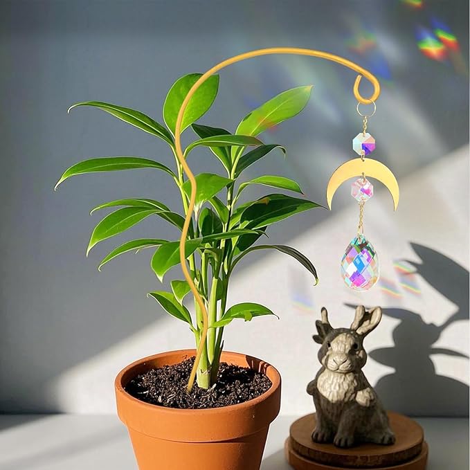 Plant Trellis for Potted Plants with Colorful Crystal Sun Catcher, 17.5 Inch Metal Plant Stakes for Indoor,Plant Accessories Indoor for Home Garden,Plant Lover Gift (Gold)
