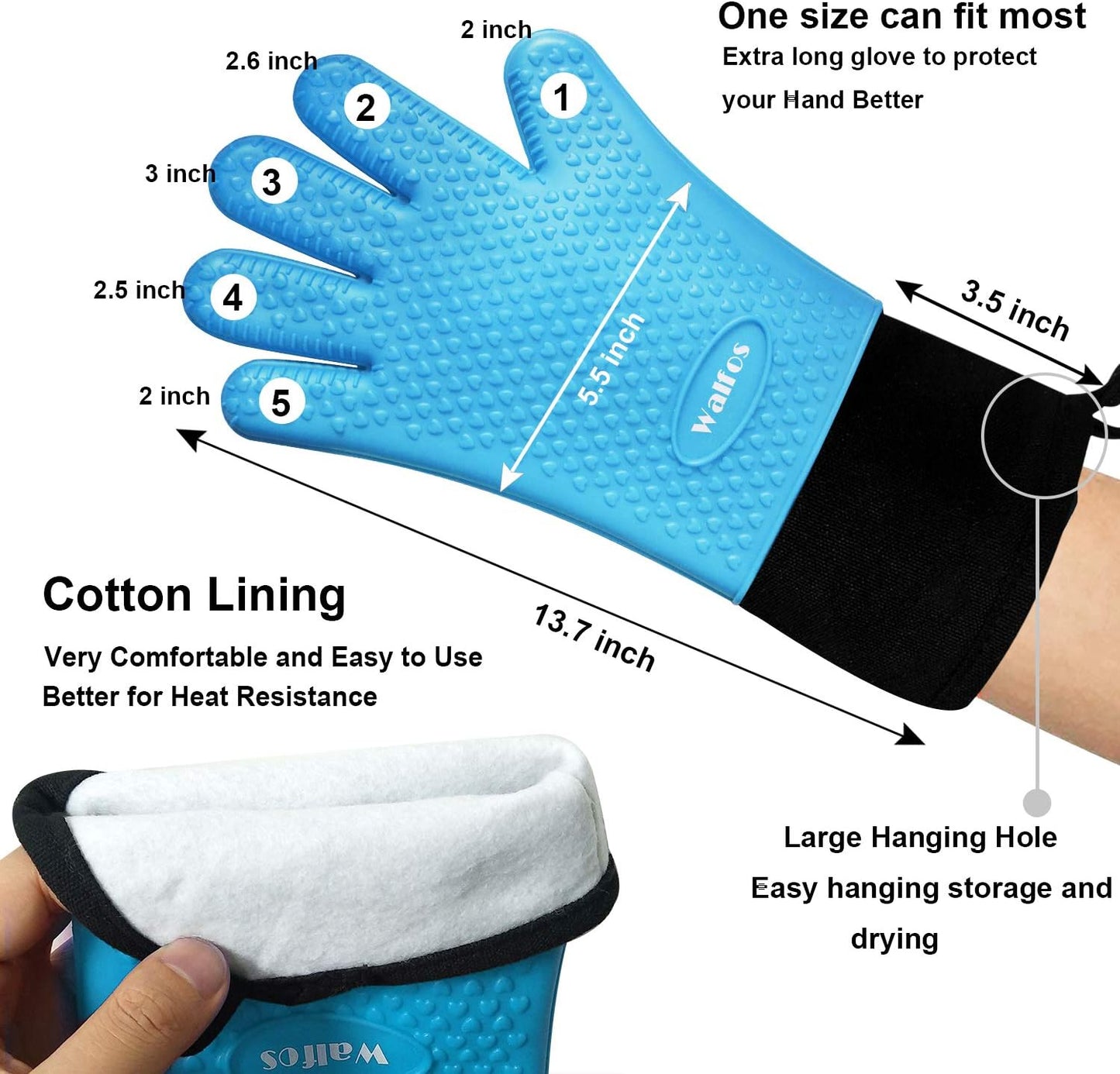 Walfos Silicone BBQ Gloves - Heat Resistant Grilling Gloves, Premium Non-Slip Kitchen Silicone Oven Mitt with Protective Cotton Layer Inside, Waterproof, Great for Grilling, Kitchen and Cooking, Blue