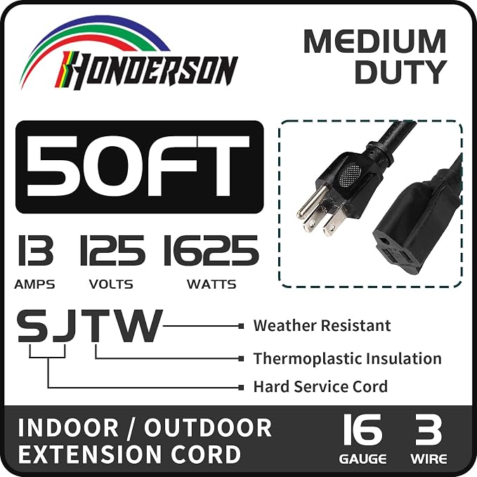 50FT Outdoor Extension Cord-16/3 SJTW Durable Black Extension Cable - Image 2