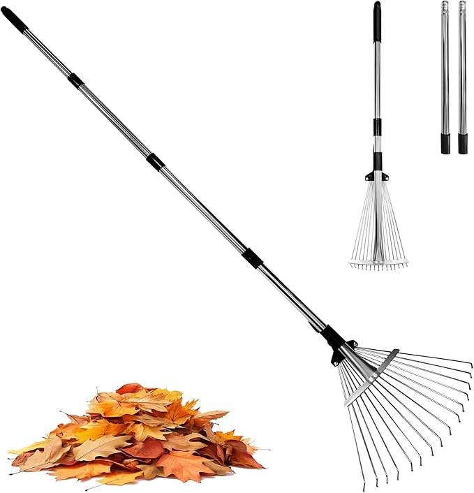 Garden Rake for Leaves,Heavy Duty Metal Adjustable Leaf Rake for Lawns,Long Handle 33"-69" with Expandable Head 8"-15",Garden Tools for Yard Lawn Shrub Garden Beds