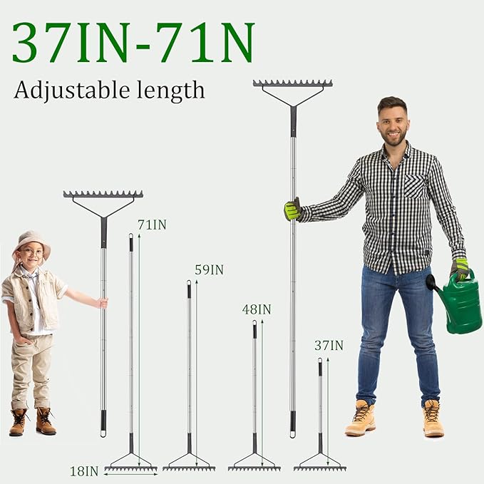 Sturdy Garden Rakes for Leaves: Metal Rake Heavy Duty Tool for Quick Clean Up of Lawn and Yard, 38’’--63’’ Adjustable Long Handle and 14Tines