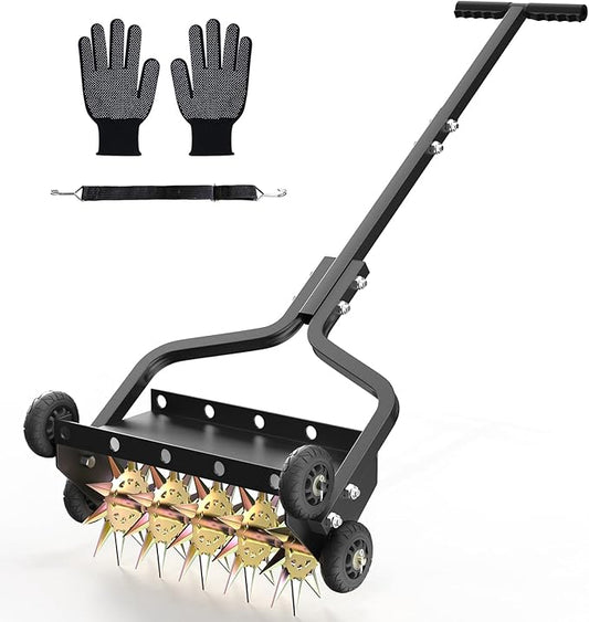 Seeutek 18 Inch Lawn Aerator, Upgraded Heavy Duty Manual Aerators Lawn Tool w/ 3D Steel Tines, 4 Wheels & Non-Slip Handle, Push Spike Aerator Suitable for Lawn, Garden and Yard