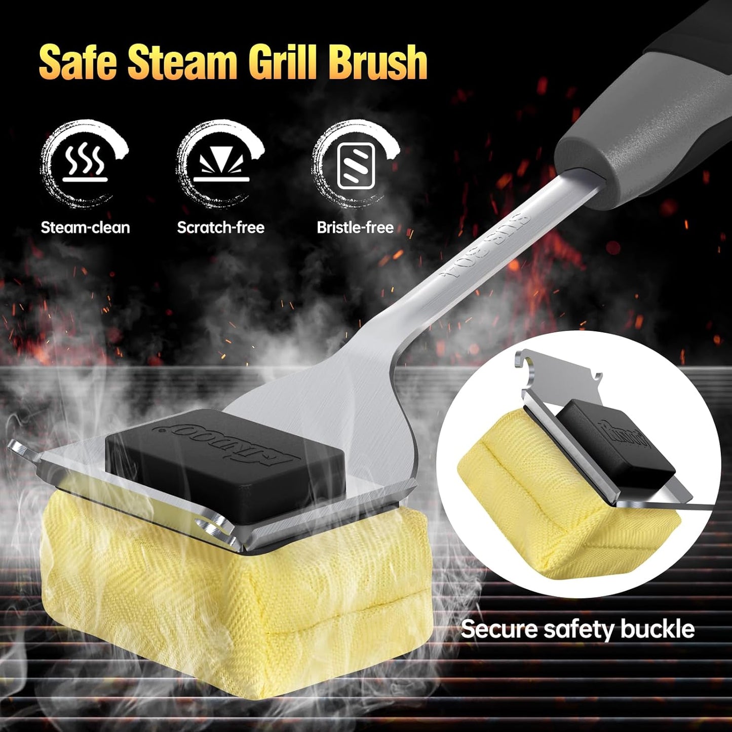 Grill Cleaning Brush Bristle Free for Outdoor Grill Brush Extended Handle for Cast Iron Stainless-Steel Grates, Replaceable BBQ Cleaner Brush Head, Steam Safe Grill Brush with Scraper, Black