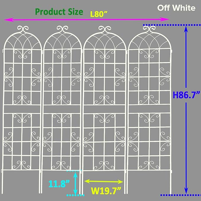 4 Pack Metal Garden Trellis for Climbing Plants Outdoor 86.7" H Cream White Garden Fence Rustproof Trellis Support Roses Flower Lawn, Off White