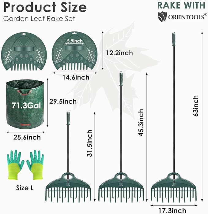 ORIENTOOLS 17Tines Double Row Garden Rake Set with 9Tines Leaf Hand Rakes, 272L Leaves Bin and Gardening Gloves for Scooping and Picking up Leaves, Clear and Collect Garden Rake Kit