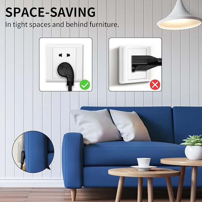 Miady Flat Plug Extension Cord 1 Ft, 90 Degree Plug Adapter, 3 Prong Grounded - Image 2