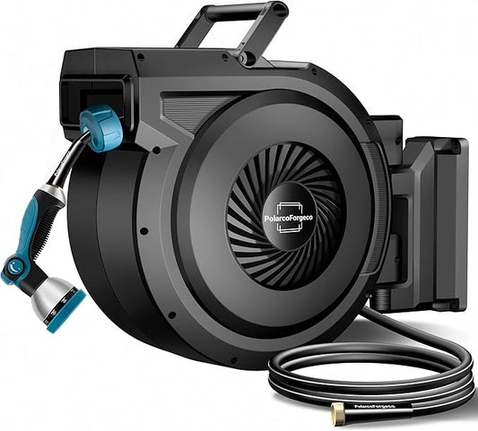 Retractable Garden Hose Reel - 5/8 inch x 90 ft Wall Mounted Hose Reel with 10 Pattern Nozzle & Any Length Lock, Heavy Duty Water Hose Supports Automatic Rewind & 180° Swivel, Black