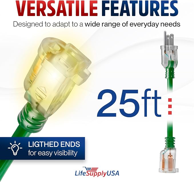 25ft Outdoor/Indoor Extension Cord 16/3 Gauge Heavy Duty 3 Prong SJTW, - Image 6