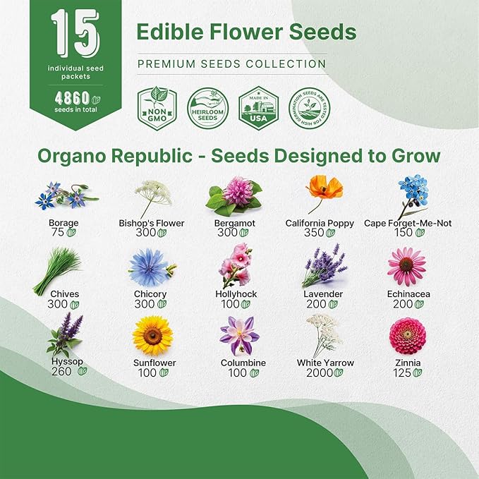 Organo Republic 15 Edible Flower Seeds Variety Pack- Indoor/Outdoor. 4800+ Non-GMO Heirloom Flower: Borage, Bishop's Flower, Chicory, Chives, Hyssop, Echinacea, Lavender Seeds & More