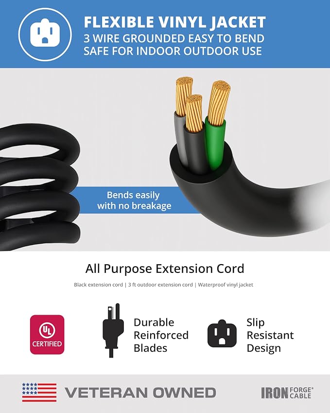 Iron Forge Cable 2 Pack 3 Ft Black Extension Cord, 3 Foot Extension Cord - Image 6