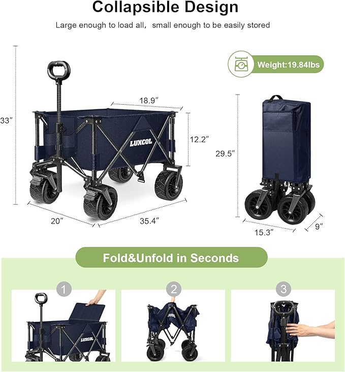 LUXCOL Collapsible Folding Wagon, Heavy Duty Utility Beach Wagon Cart for Sand with Big Wheels, Adjustable Handle&Drink Holders for Shopping, Camping,Garden and Outdoor Dark Blue
