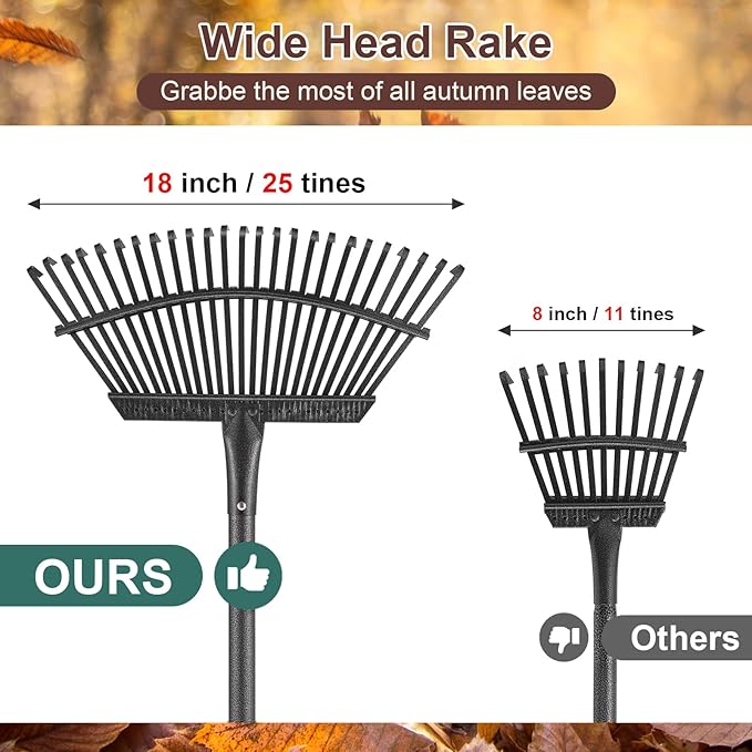 Metal Garden Rake, 5FT Rake for Leaves Lawns, 25 Metal Tines 18 inch Wide with Adjustable Handle Heavy Duty Yard Leaf Rakes for Gardening
