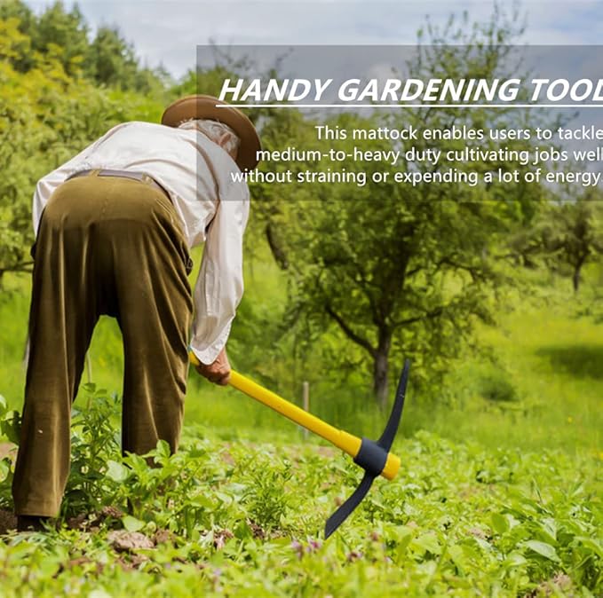 GloriousAMC Heavy Duty Mattock, 36" Fiberglass Handle, Yellow, Steel, Multipurpose Garden Tool, Chopping Soil, Gardening