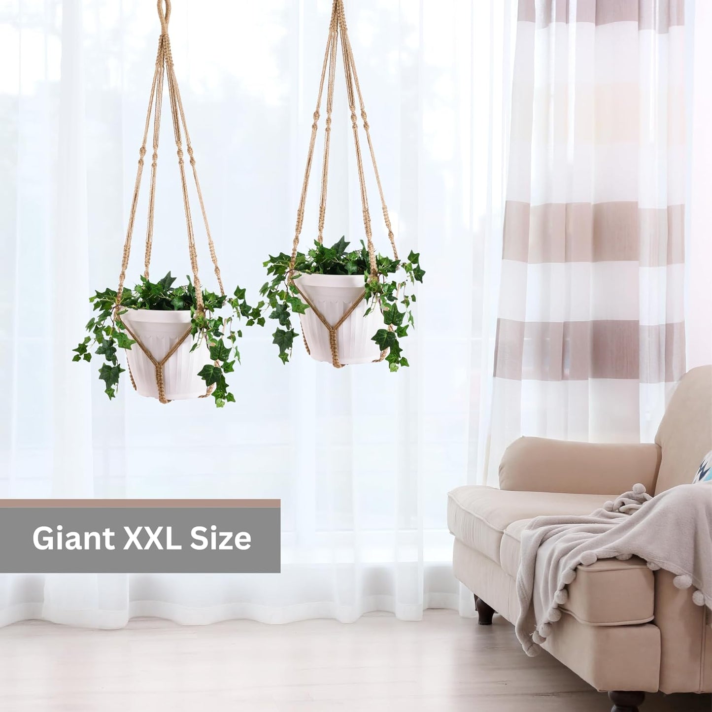 2 Pack Giant XXL 55 Inches Macrame Planter Hanger Large for 15 inch Pot + Swag Hook | Extra Large Hanging Planter for Indoor Plants | No Pot/Plant Included (XXL Jute)