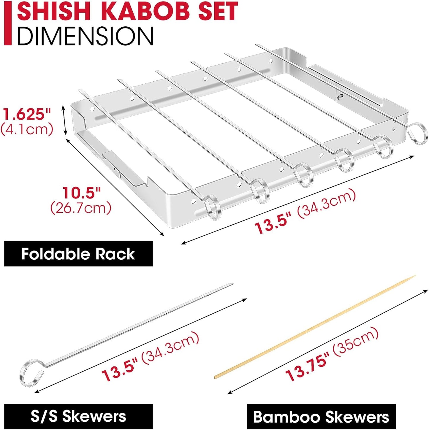 Unicook Upgraded Stainless Steel BBQ Shish Kabob Set, Large Foldable Grill Rack with 6pcs 13.5"L Barbecue Skewer, Keeps Kabobs from Sticking to the Grill Grate, 30pcs Bamboo Skewers as Bonus