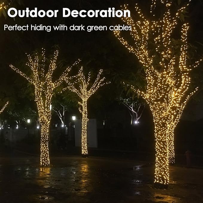 Christmas Tree Light 200 LEDs 73ft Green Cable Wire Fairy String Twinkle Lights Plug in 12 Modes for Xmas Party, Indoor, Outdoor, Garden, Wedding, Home Decoration (Warm White)