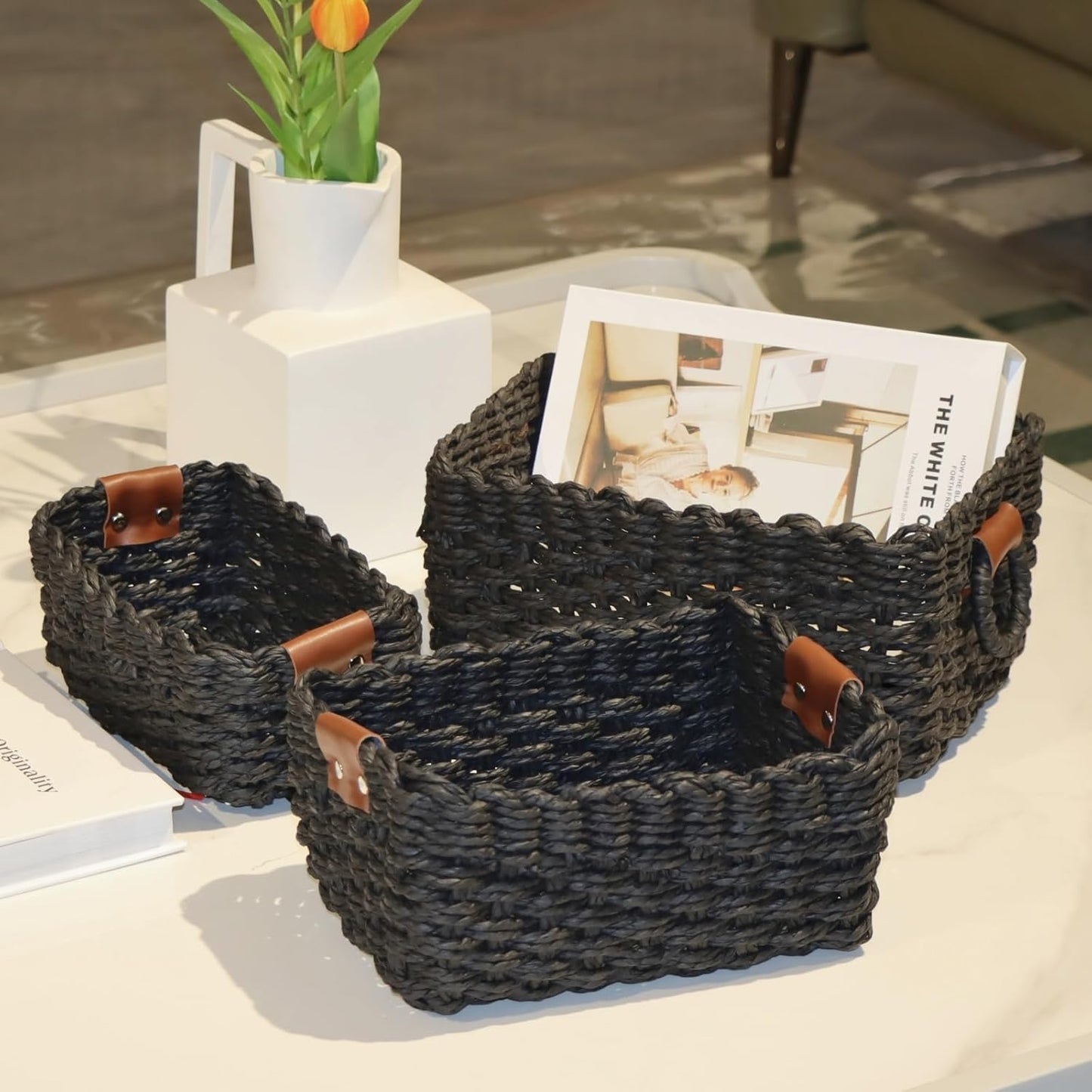 Paper rope Small Storage baskets for Organizing,Cute woven Little basket for Home，Shelves, Bathroom,Decorative basket,Set of 3 (Black)