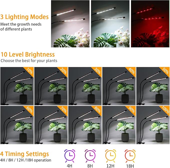Grow Lights for Indoor Plants, 168 LEDs Clip Plant Lights, Full Spectrum LED Plant Growing Lamps with Flexible Gooseneck 4/8/12/18H Timer, 3 Spectral Modes, 10 Dimmable Levels, 2 Pack