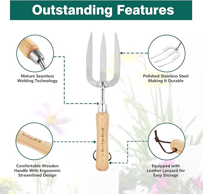 Berry&Bird Gardening Hand Fork, Stainless Steel Hand Weed Fork, Traditional Garden Hand Fork Tool with Ergonomic Ash Wood Handle for Weeding, Digging, Planting and Cultivating