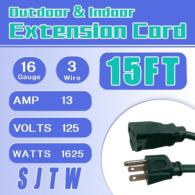 Indoor Outdoor Extension Cord 15 FT, 16/3 SJTW Weatherproof Green Electrical - Image 2