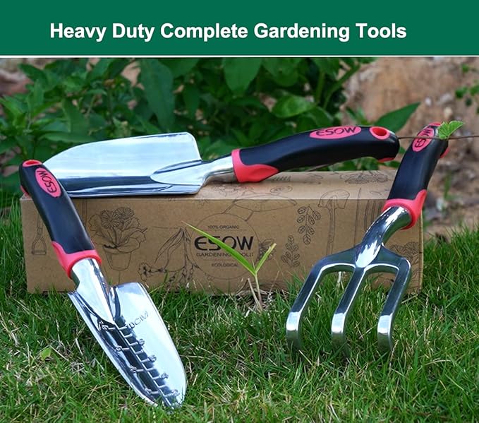 ESOW Garden Tool Set with Non-Slip Rubber Handle, 3 Piece Cast-Aluminum Heavy Duty Gardening Kit Includes Hand Trowel, Transplant Trowel and Cultivator Hand Rake, Red