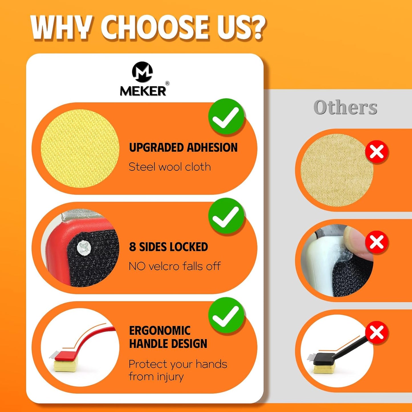 MEKER Grill Brush Bristle Free, Grill Cleaner Brush with 3 BBQ Replacement Head, Seamless Scraper Tool for Cast Iron, Stainless Steel Grates, Safe Grill Scraper Outdoor BBQ Grill, Red