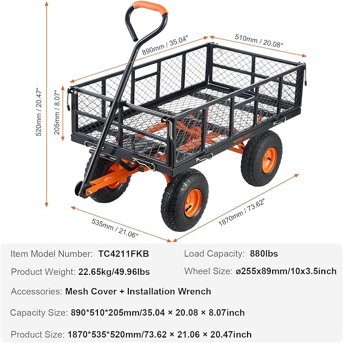 VEVOR 880lbs Steel Garden Dump Cart Utility Wagon, Heavy Duty Yard Dump Wagon Cart with Removable Sides, Pullable Handle, Utility Liner, 10in All Terrain Wheels