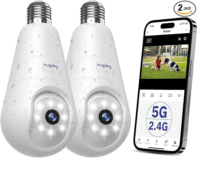 Hugolog 2K 3MP Light Bulb Security Camera 5G& 2.4GHz WiFi, 360° Wireless by Hugolog