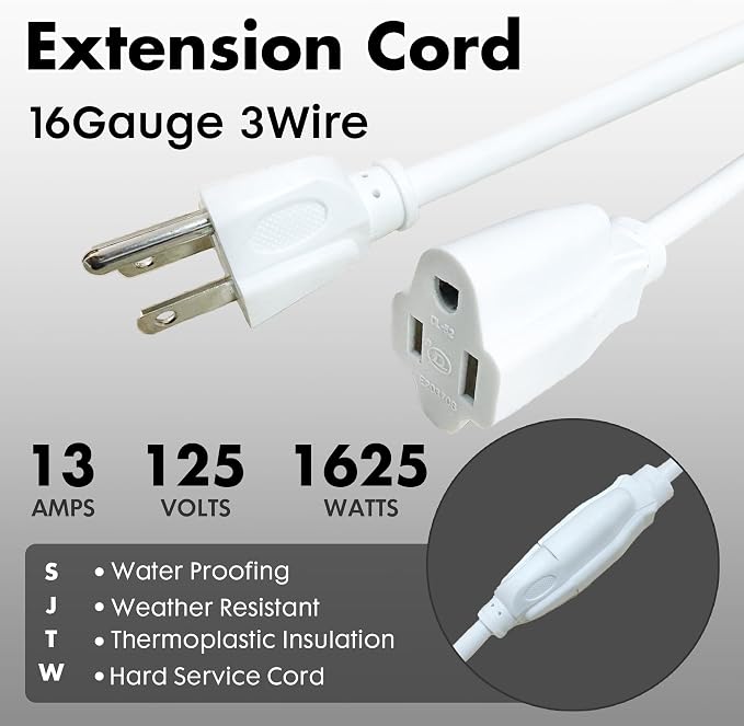 30ft White Outdoor Extension Cord Waterproof, UL Listed, 16/3 SJTW Heavy Duty 3 - Image 2