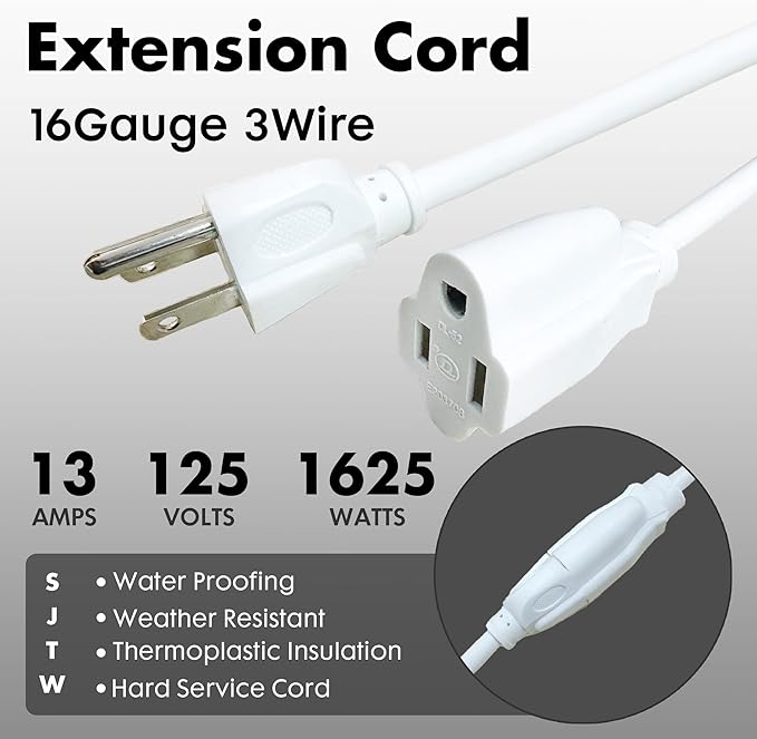10ft White Outdoor Extension Cord Waterproof, UL Listed, 16/3 SJTW Heavy Duty 3 - Image 2