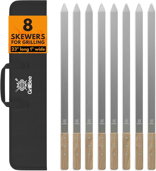 Premium Kabob Skewers 23 inch Long and 1 inch Wide Stainless Steel Flat Reusable Metal Skewers for Grilling BBQ - Making Brazilian Koobideh Chicken Kebab, 8pc Set with Bag