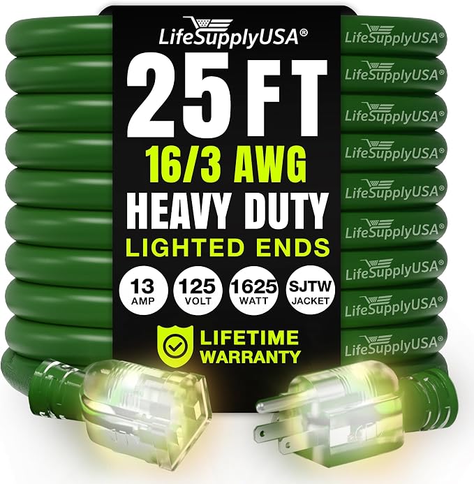 25ft Outdoor/Indoor Extension Cord 16/3 Gauge Heavy Duty 3 Prong SJTW, by LifeSupplyUSA