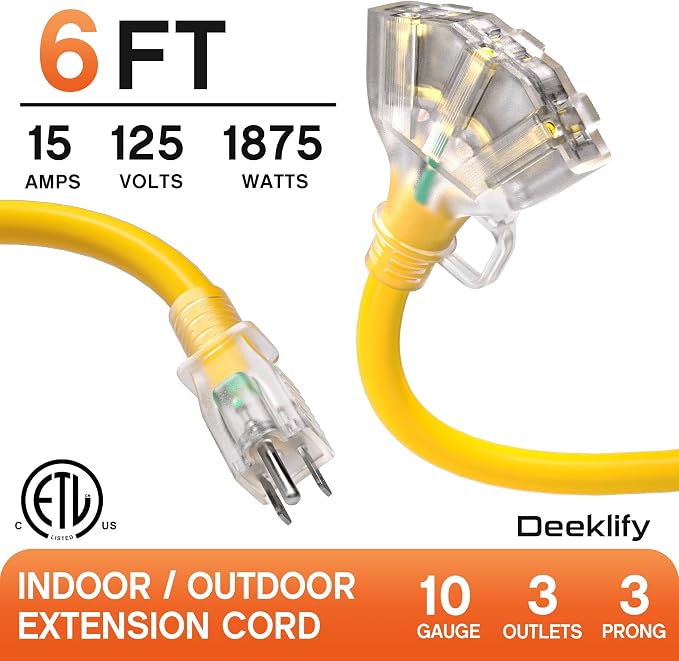 6 ft 10 Gauge Heavy Duty 3 Outlet Extension Cord Splitter - Image 2