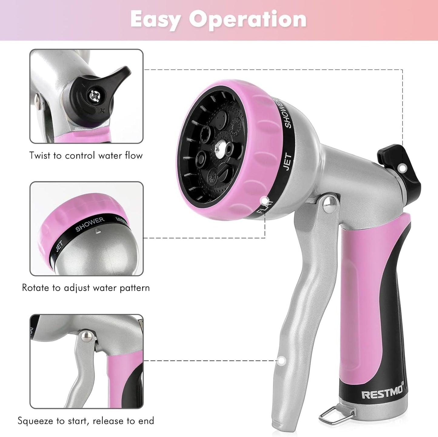 RESTMO Garden Hose Nozzle, Heavy Duty Metal Water Hose Nozzle with 7 Adjustable Spray Patterns, High Pressure Hand Sprayer with Flow Control, Best for Watering Plant & Lawn, Washing Car & Pet, Pink