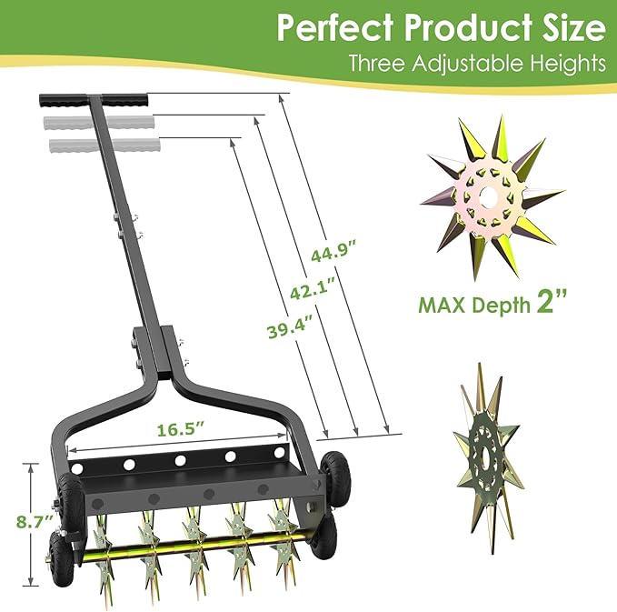 Seeutek 18 Inch Lawn Aerator, Upgraded Heavy Duty Manual Aerators Lawn Tool w/ 3D Steel Tines, 4 Wheels & Non-Slip Handle, Push Spike Aerator Suitable for Lawn, Garden and Yard