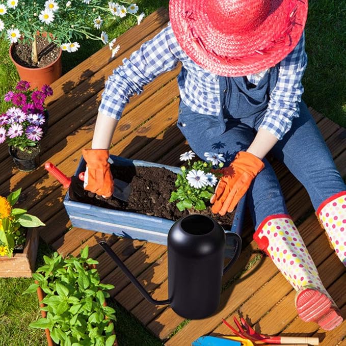 Watering Can Indoor Plants, 50 oz/1500 ml Metal Stainless Steel Watering Can Pot with Long Spout for Indoor House Plants Bonsai Outdoor Garden Flower Decorative(Copper) (Black)