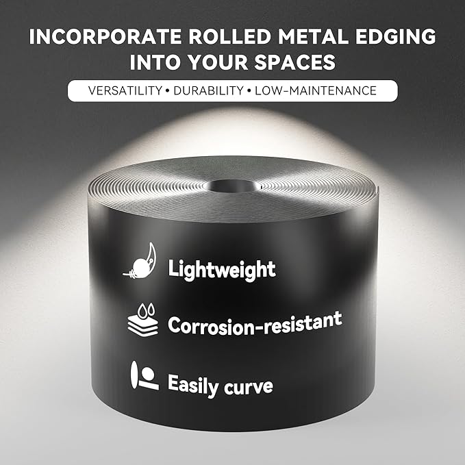 Worth Galvanized Steel Landscape Edging 10" x50' Metal Garden Edging Roll Flexible Bender Border with 16Pcs Stakes for Lawn, Flower Bed Edges, Black