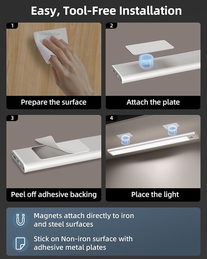 17" Under Cabinet Lights, Motion Sensor Light, Wireless Closet Lights, 3 Color - Image 6