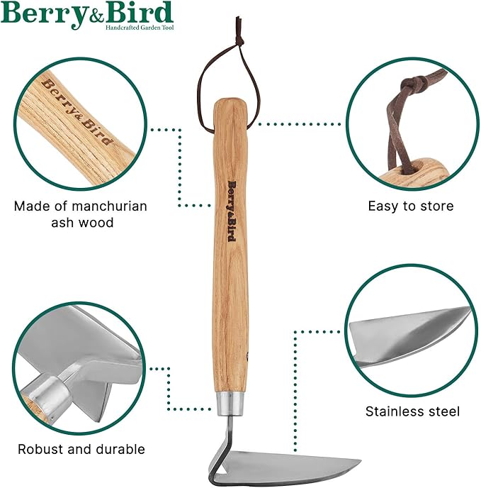 Berry&Bird Japanese Weeder-Scraper-Hoe, 12.67-Inch Gardening Sickle Hoe, Stainless Steel Bent Angle Weeding Sickle, Weeder Hoe with Ergonomic Ash Wood Handle for Weeding, Soil loosening, Digging