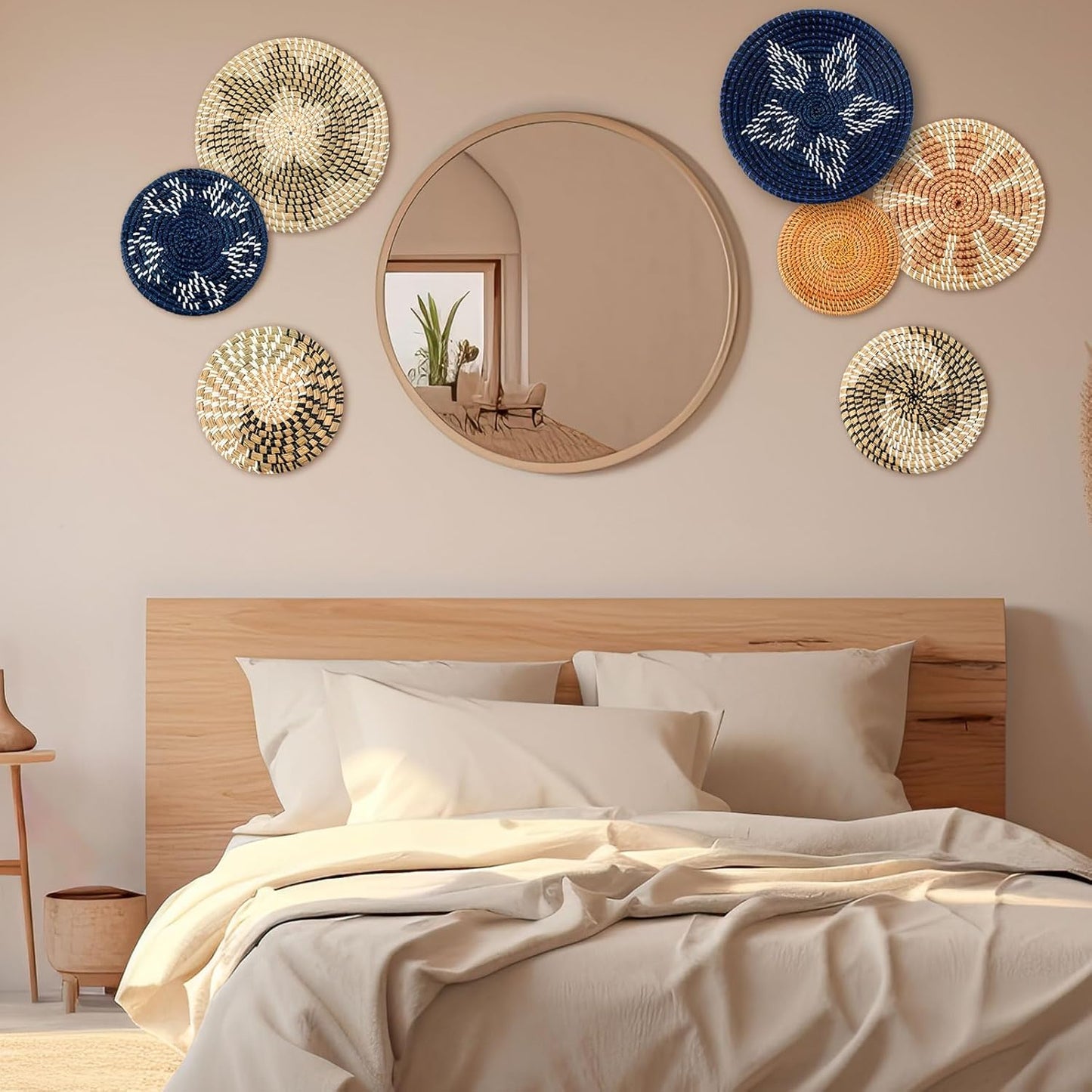 Xuhal Set of 8 Hanging Woven Wall Basket Handmade Decorative Rustic Boho Basket Decor Handcrafted Wicker Round Seagrass Wall Art for Home Kitchen Farmhouse Table Living Room