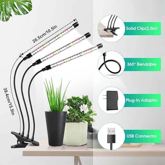 Wolezek Grow Lights for Indoor Plants Full Spectrum, 6000K 3 Head Plant Lights Indoor, LED White Plant Grow Lamp with Clip, Auto ON & Off Timer 6/12/16H, 3 Light Modes, 5 Level Dimmable Brightness