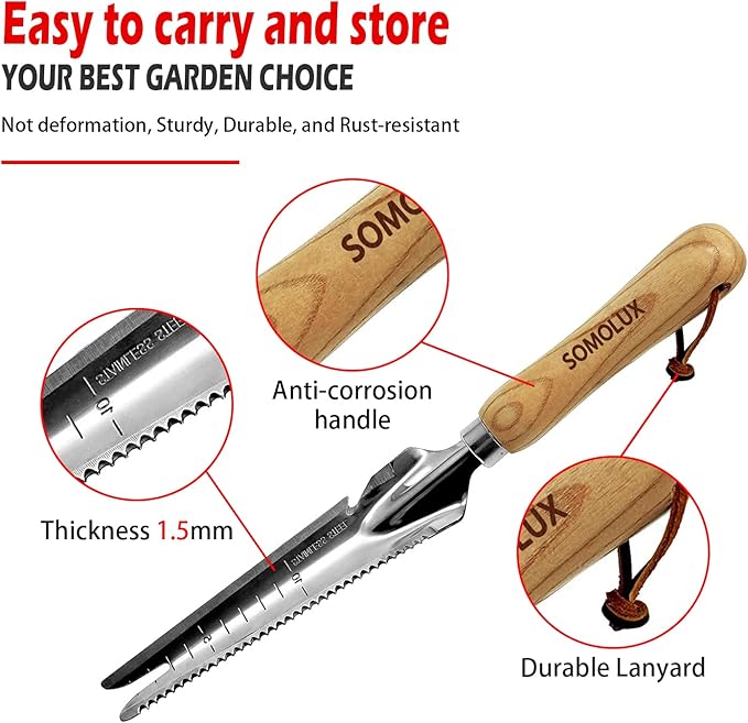 SOMOLUX Multifunctional Garden Tool Stainless Steel Shovel Hand Weeder with Wood Handle Soil Knife Tool for Planting Weeding Digging Transplanting Cutting Measuring
